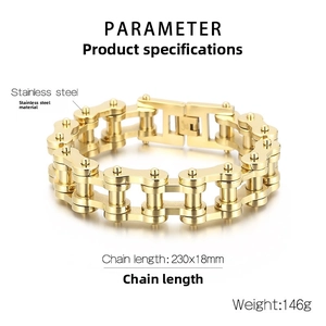 Detailed view of 18mm golden stainless steel bike chain bracelet with 230mm length specifications