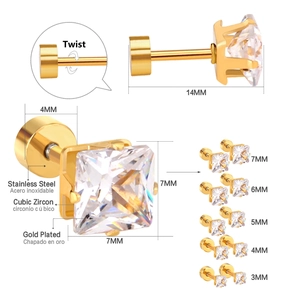 Detail of gold-plated stainless steel square cubic zirconia earrings with size dimensions