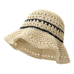 Breathable wide brim paper straw sun hat with stylish hollow crochet and black stripes
