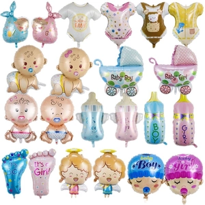 Blue and pink foil balloon set for baby shower featuring stroller and bottle shapes