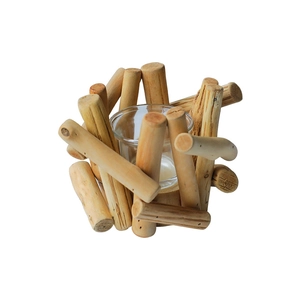 Natural driftwood candle holder with wooden sticks and transparent glass insert