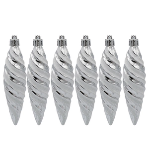 Set of 6 silver spiral cone Christmas ornaments with shiny and frosted finishes