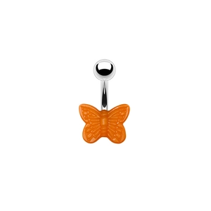 Macro view of orange butterfly belly ring featuring polished silver metal and detailed wings