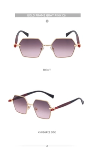 Detail of gold polygonal sunglasses featuring gray pink gradient lenses from multiple angles