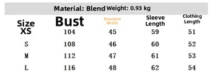 Size guide with measurements for women's faux fur jacket including bust and sleeve length