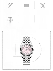 Detailed specs of stainless steel watch with pink sunray dial and jubilee metal strap