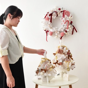 Mini white Christmas tree set with wreath and ornaments for tabletop home holiday decor