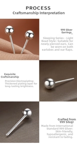 Macro shot of 999 sterling silver stud earrings with high-polish finish and hallmark detail