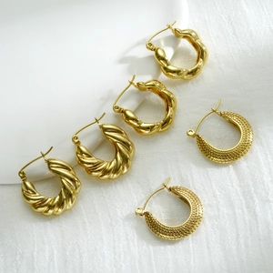 18K Gold Plated Stainless Steel Hoop Earrings For Women Minimalist Twisted Rope Texture Water Dot Geometric Jewelry Gift
