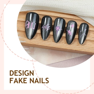 Handmade long stiletto black cat-eye press-on nails with Y2K star patterns