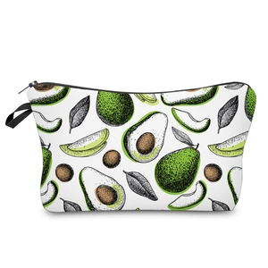 3D avocado print waterproof cosmetic bag with top handle and zipper for makeup storage