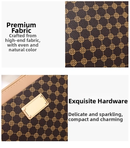 Detail of vintage brown camera bag showing clover pattern and gold metal hardware logo