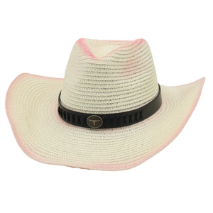 Western style woven straw cowboy hat in beige with pink gradient and bull head logo