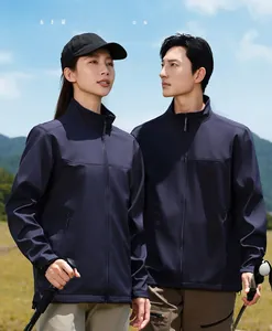 Waterproof softshell hiking jacket in dark blue featuring a windproof stand collar