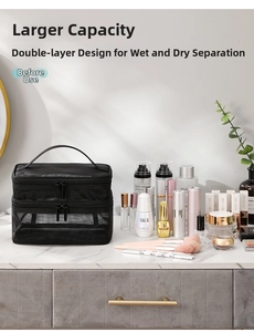 Close-up of black double-layer mesh cosmetic bag with portable handle on marble surface