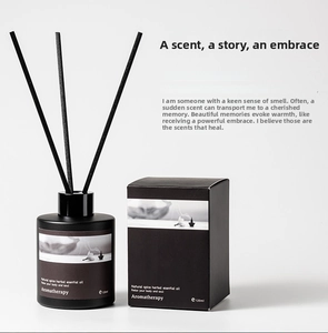 Detail of 120ml matte black aromatherapy diffuser bottle and minimalist packaging box
