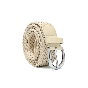 Women's woven cream wax rope belt with a vintage silver metal buckle for dresses