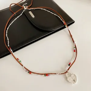 Double-layered leather rope heart lock pendant necklace in vintage bohemian style