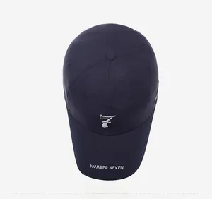 Top view of navy blue baseball cap with white Number Seven embroidery detail