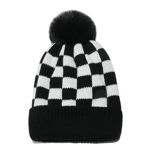 Women Winter Beanie Hat Checkerboard Pattern Acrylic Knit Fleece Lined With Faux Fur Pom Pom Warm Casual