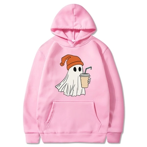Pink Halloween hoodie for men and women featuring a cute ghost graphic with a coffee cup