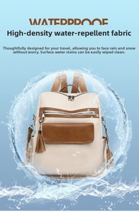 Waterproof performance test showing high density water droplets on the backpack surface