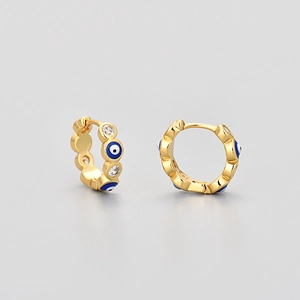 S925 silver gold-plated rectangle hoop earrings with blue enamel evil eye and zircons