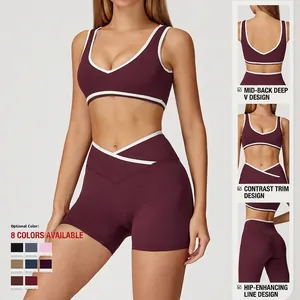 Women's burgundy high waist cross-waist yoga set with contrast trim and backless sports bra