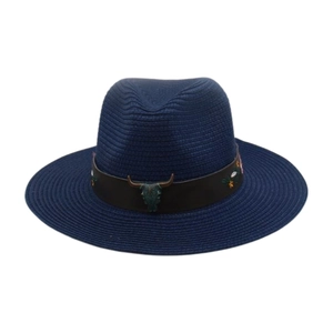 Chapeau Fedora bleu marine en paille avec tête de taureau et broderie florale