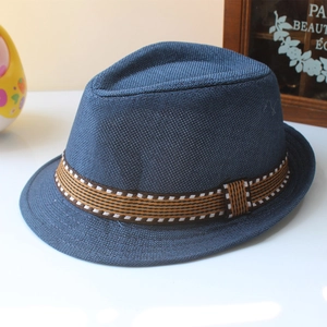 Navy blue kids vintage jazz fedora hat with woven texture and striped band