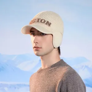 Winter knitted visor beanie for men with ear flaps and warm fleece lining for outdoors