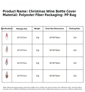 Detailed size chart showing specifications for festive faceless gnome wine bottle covers