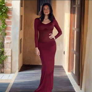 Elegant wine red mesh dress with ruffles and slim fit design for evening wear