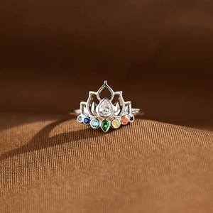 Detailed shot of S925 sterling silver lotus ring with colorful rainbow cubic zirconia