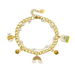 Double-layer gold stainless steel bracelet with rainbow, fish and palm tree pendants