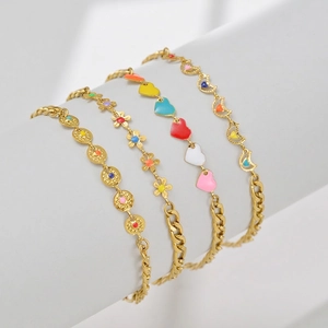 Enamel Colorful Heart Moon Flower Sun Pendants Bracelet Gold Plated Stainless Steel Figaro Chain Adjustable Women Boho