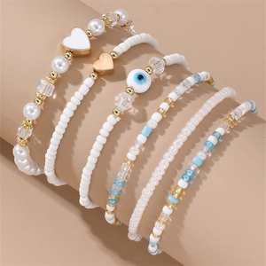 Bohemian Multilayer Beaded Bracelets Seed Bead Imitation Artificial Pearl Evil Eye Heart Pendant Elastic Bangle Jewelry For Women