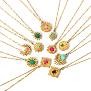 French vintage stainless steel necklace with various natural stones in a radial layout