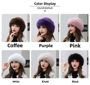 Detailed grid showing faux fur winter hats in brown, purple, pink, white, khaki and black