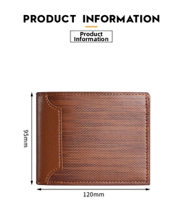 Detailed size chart of a men's short wallet in brown leather with wood grain texture
