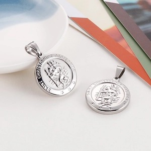 Silver Saint Christopher pendant necklace with embossed religious pattern in stainless steel