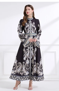 Front view of vintage stand collar floral maxi dress with lace cuffs and matching belt