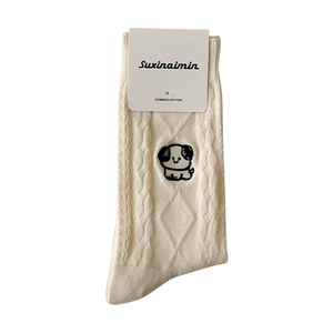 Calze in cotone bianco crema a treccia con ricamo a forma di simpatico cane nero