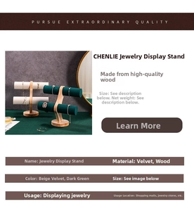 Two-tier wooden jewelry T-bar stand with cream and green velvet for bracelets and watches