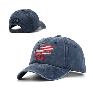 Vintage navy blue washed cotton denim baseball cap with American flag and USA embroidery