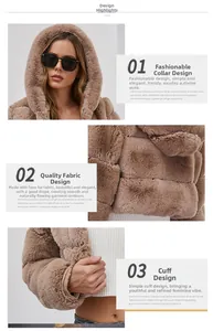 Detail shots of brown faux fur hooded jacket featuring zipper closure and plush texture