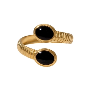 Retro ribbed bypass ring in gold finish with two oval black agate stones for women