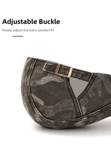 Detail of vintage camo ivy cap showing bronze adjustable buckle and washed cotton texture