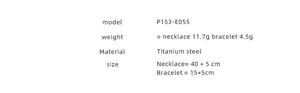 Detailed view of titanium steel necklace and bracelet set with size and weight info