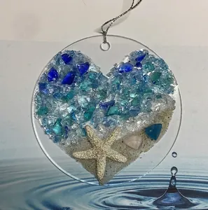 Sea glass beach suncatcher with heart shaped sand and starfish acrylic pendant decoration